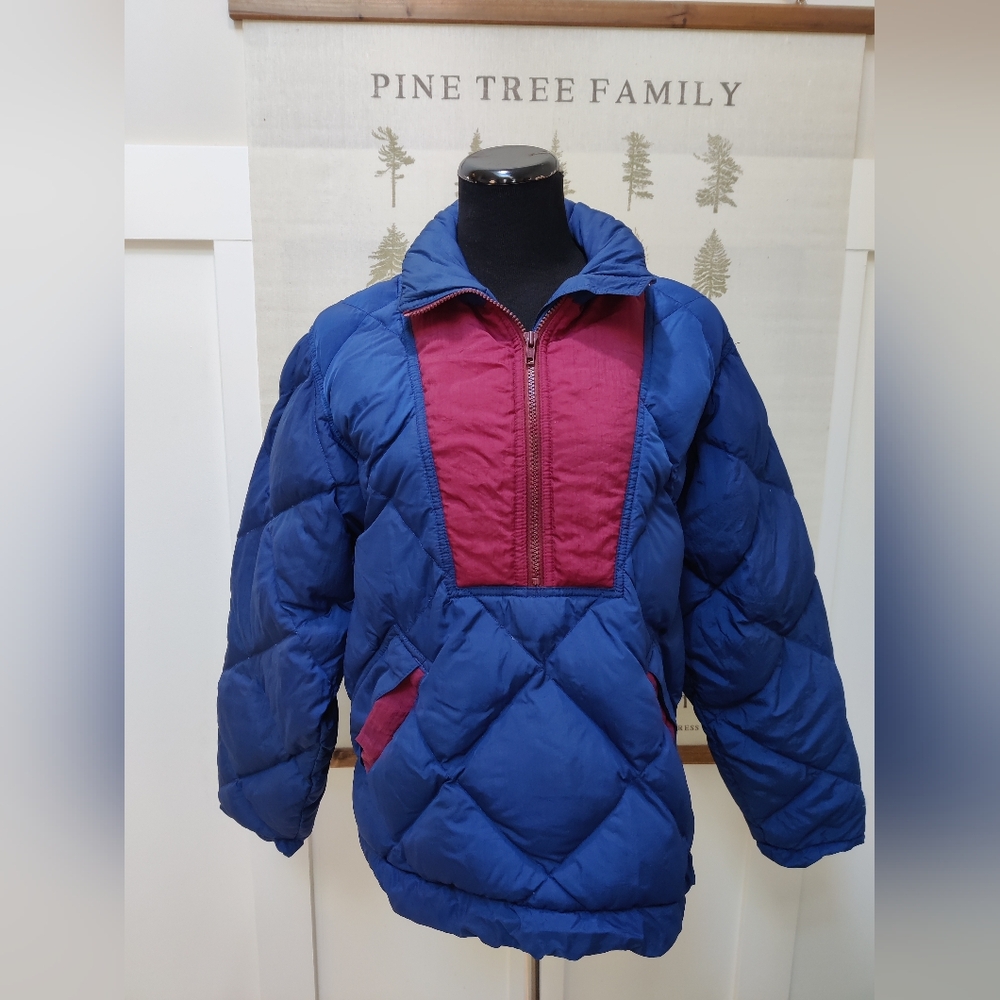 Vintage Eddie Bauer Goose Down Puffer Pullover Jacket - Blue/Burgundy - Small